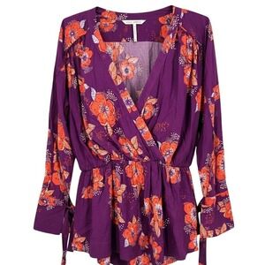 Free People Tuscan Dreams Floral Surplice Tunic Top Plum Red Orange S Boho